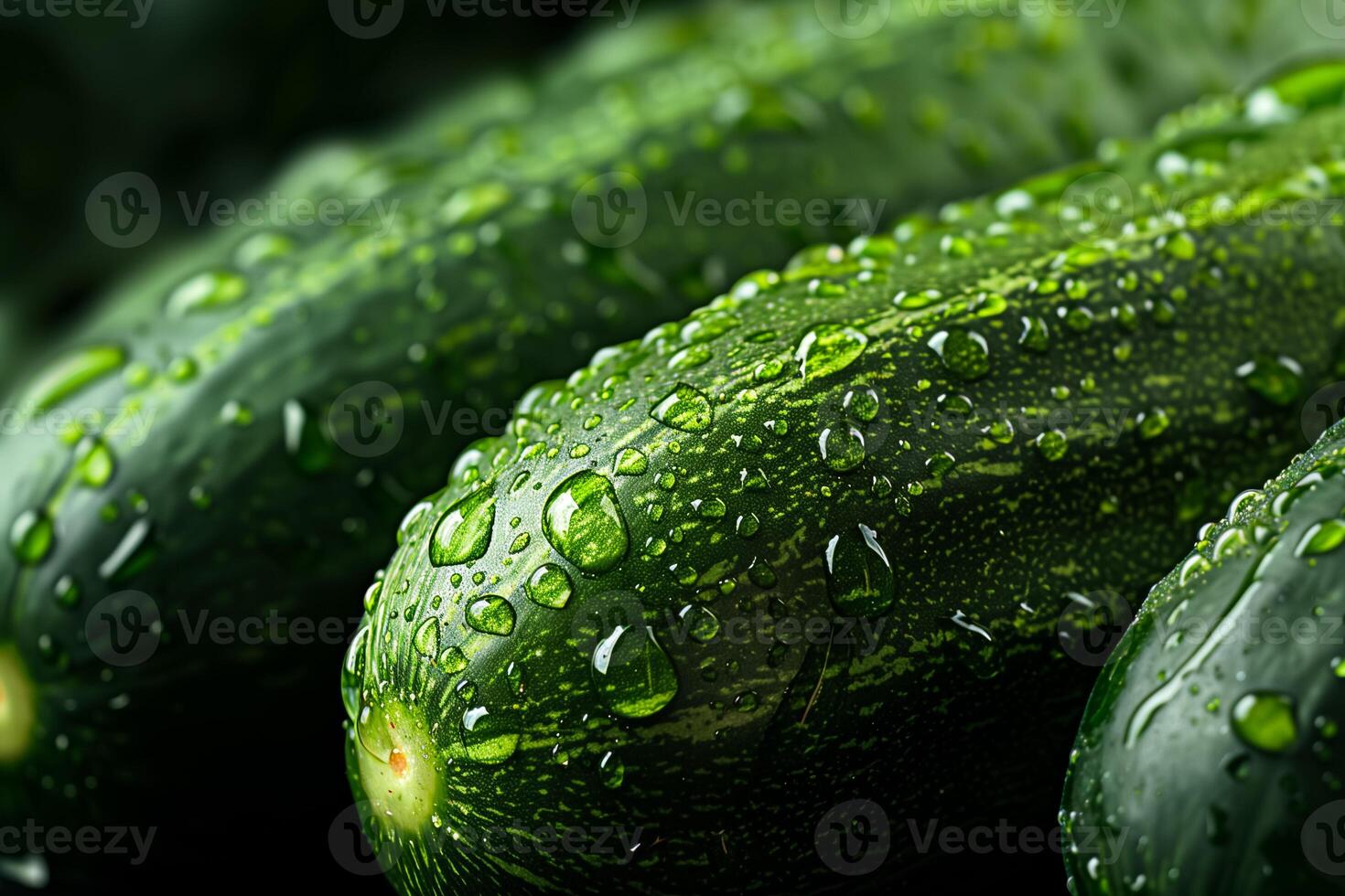Closeup of fresh green cucumbers with water droplets photo