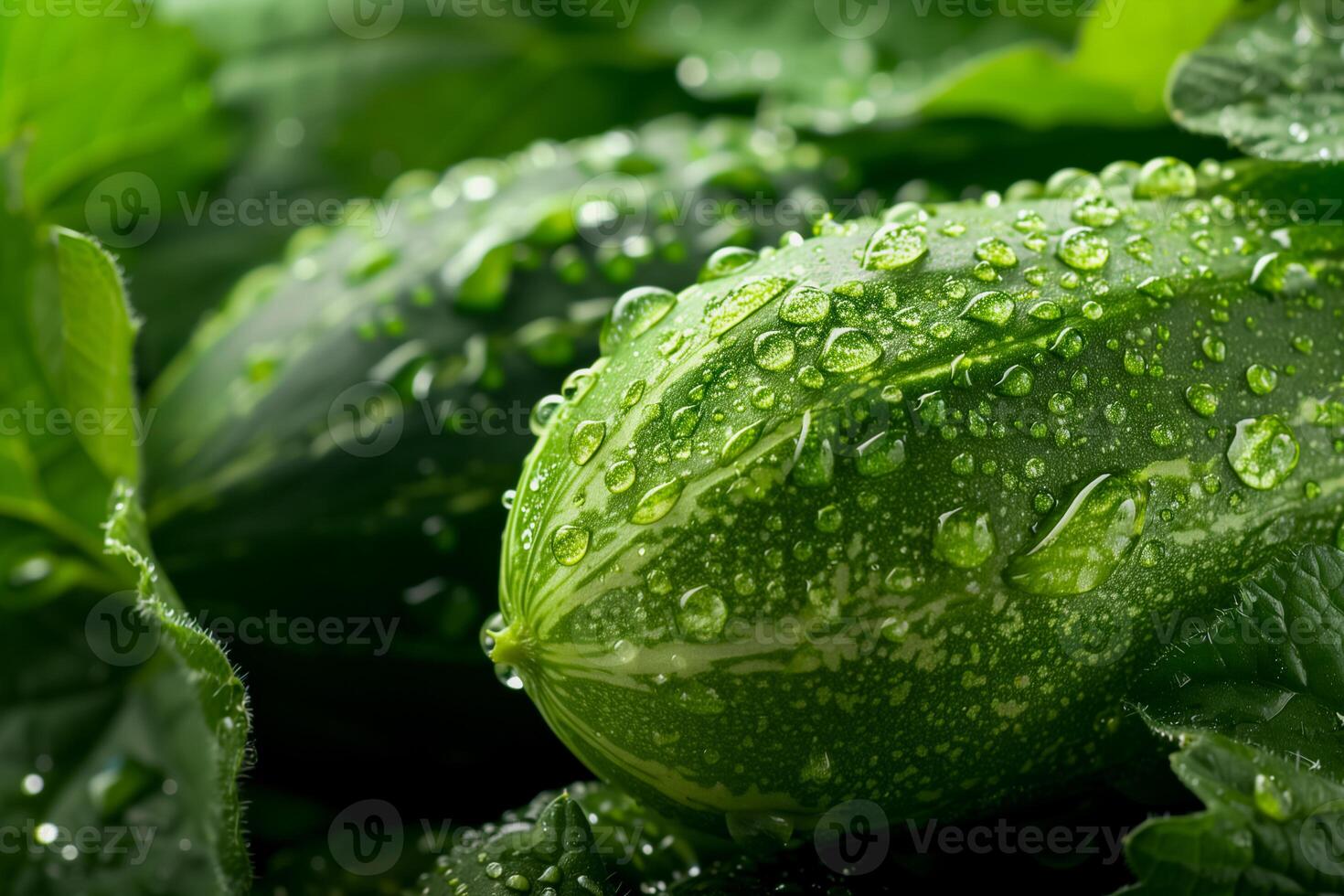 Closeup of fresh green cucumbers with water droplets photo