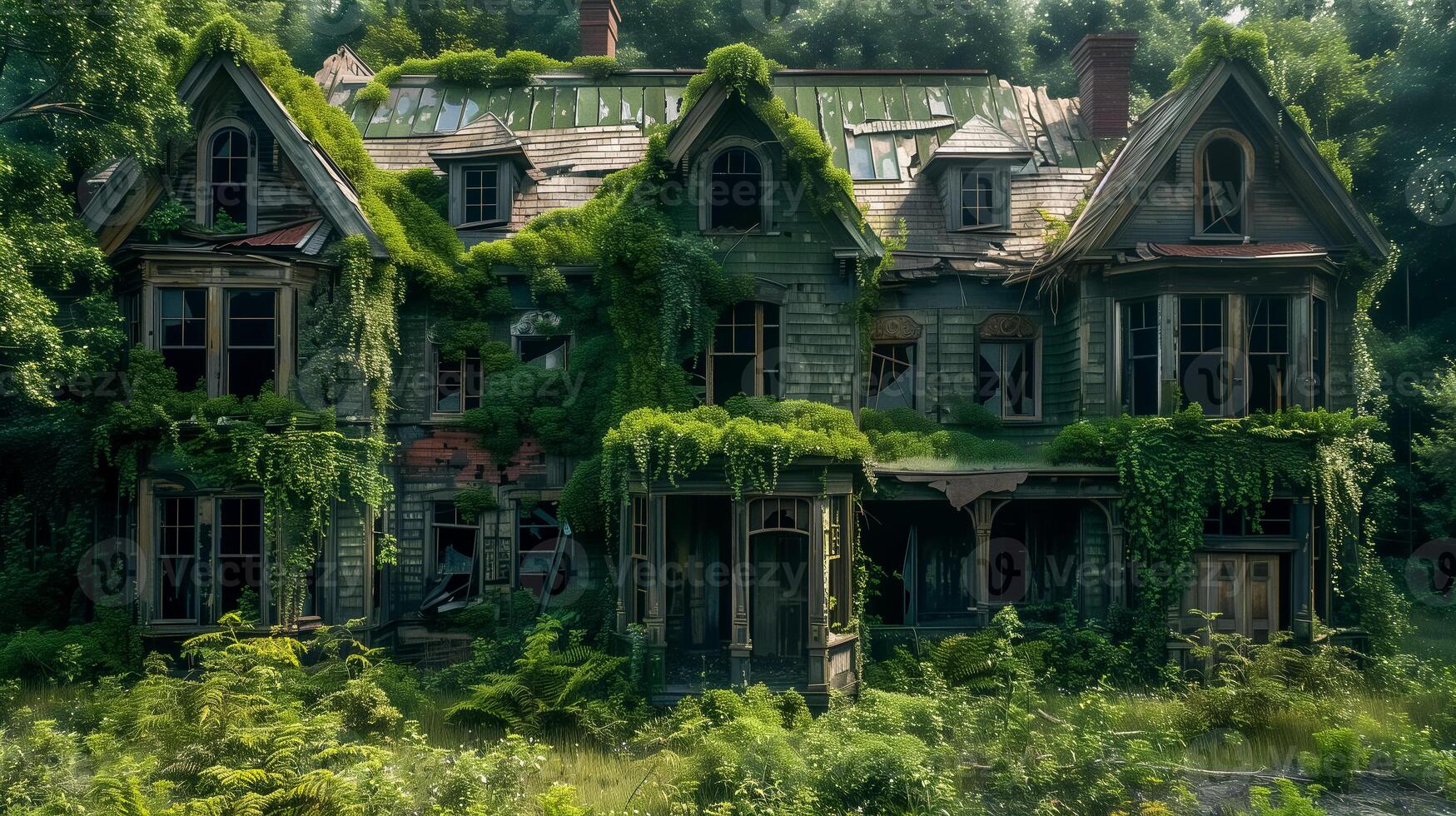 Abandoned mansion with broken windows photo