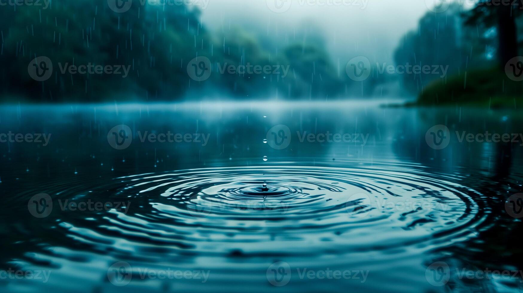 Raindrops creating ripples on lake surface photo