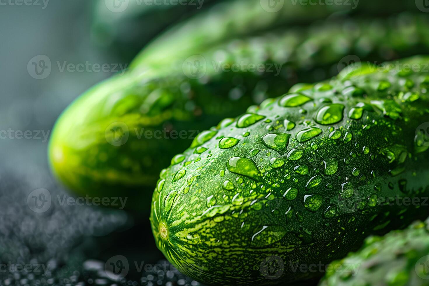Closeup of fresh green cucumbers with water droplets photo