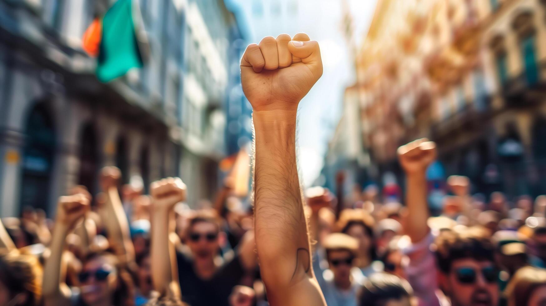 A group of protesters raise their fists in the air. . photo