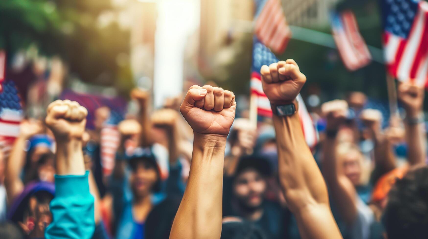 A group of protesters raise their fists in the air. . photo