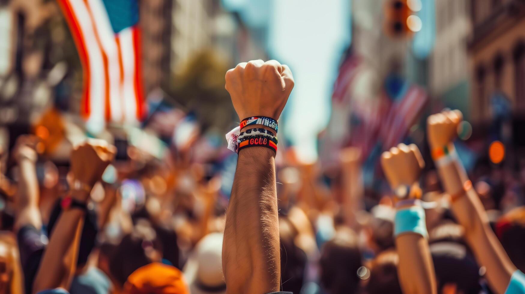 A group of protesters raise their fists in the air. . photo