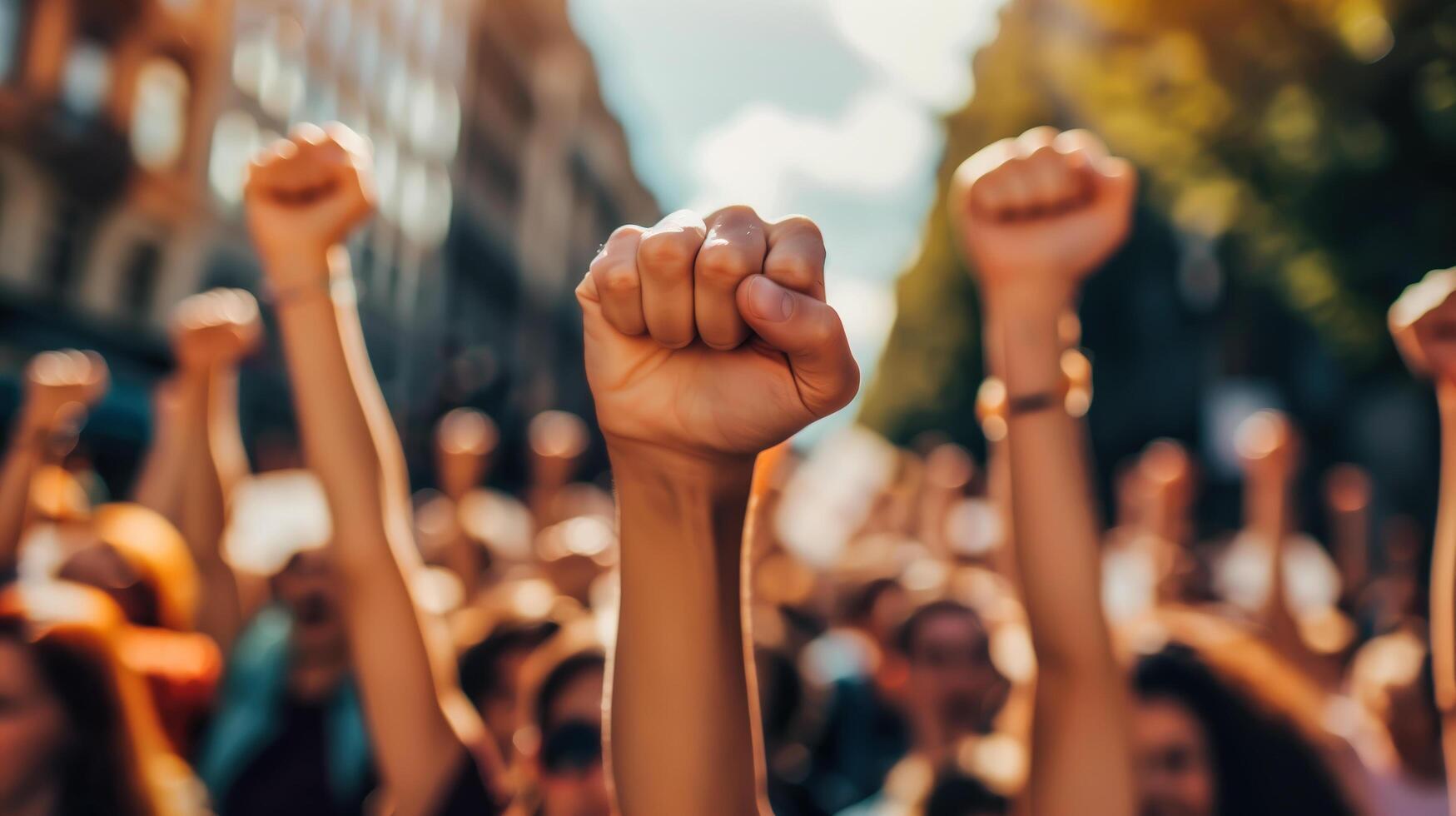A group of protesters raise their fists in the air. . photo