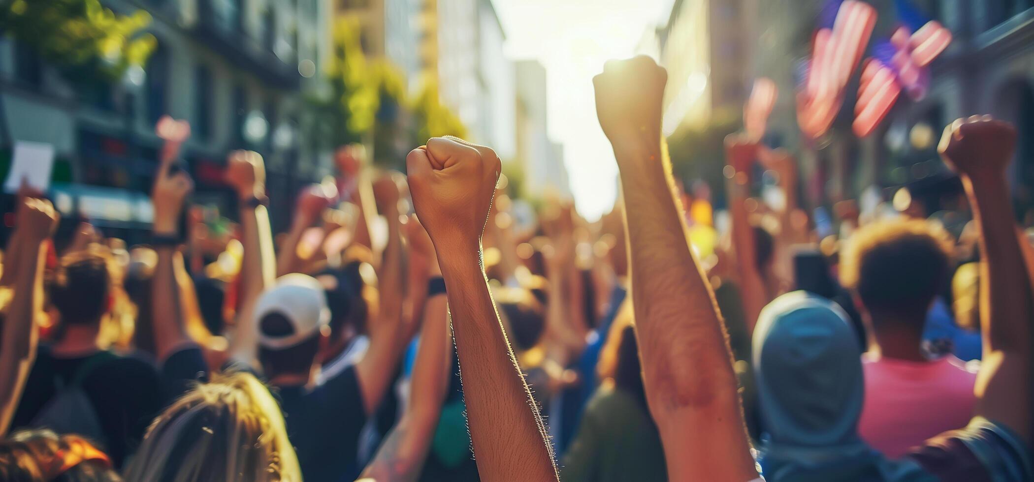 A group of protesters raise their fists in the air. . photo