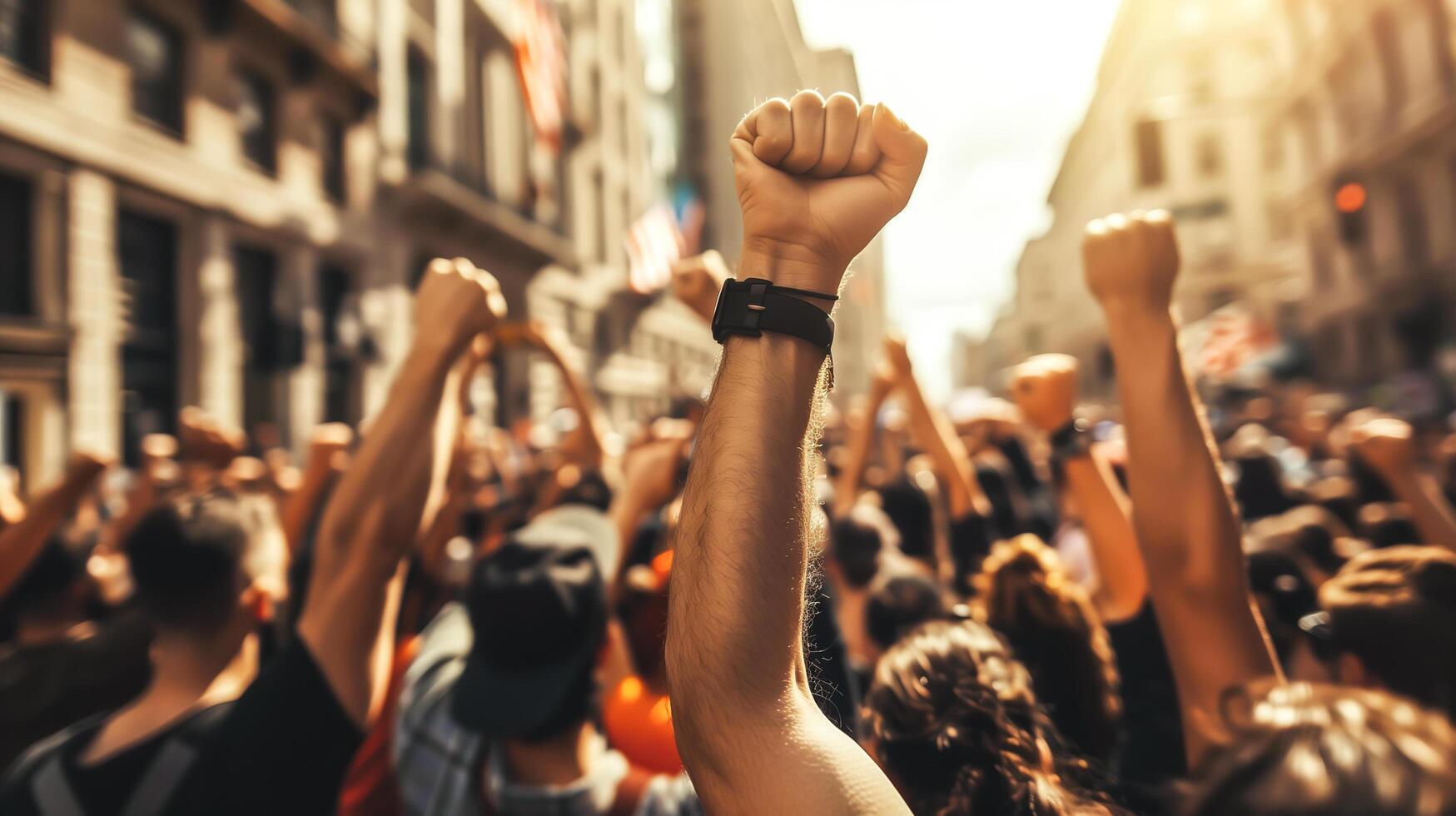 A group of protesters raise their fists in the air. . photo