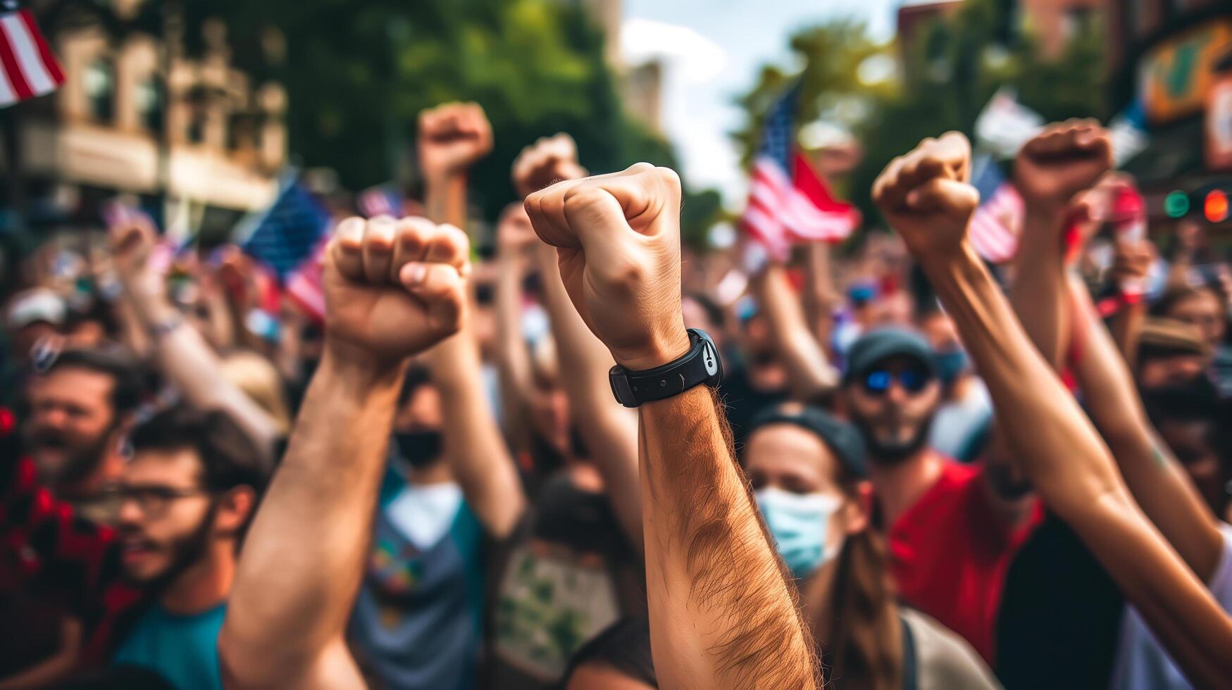A group of protesters raise their fists in the air. . photo