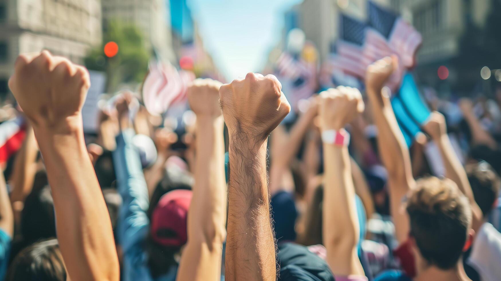 A group of protesters raise their fists in the air. . photo