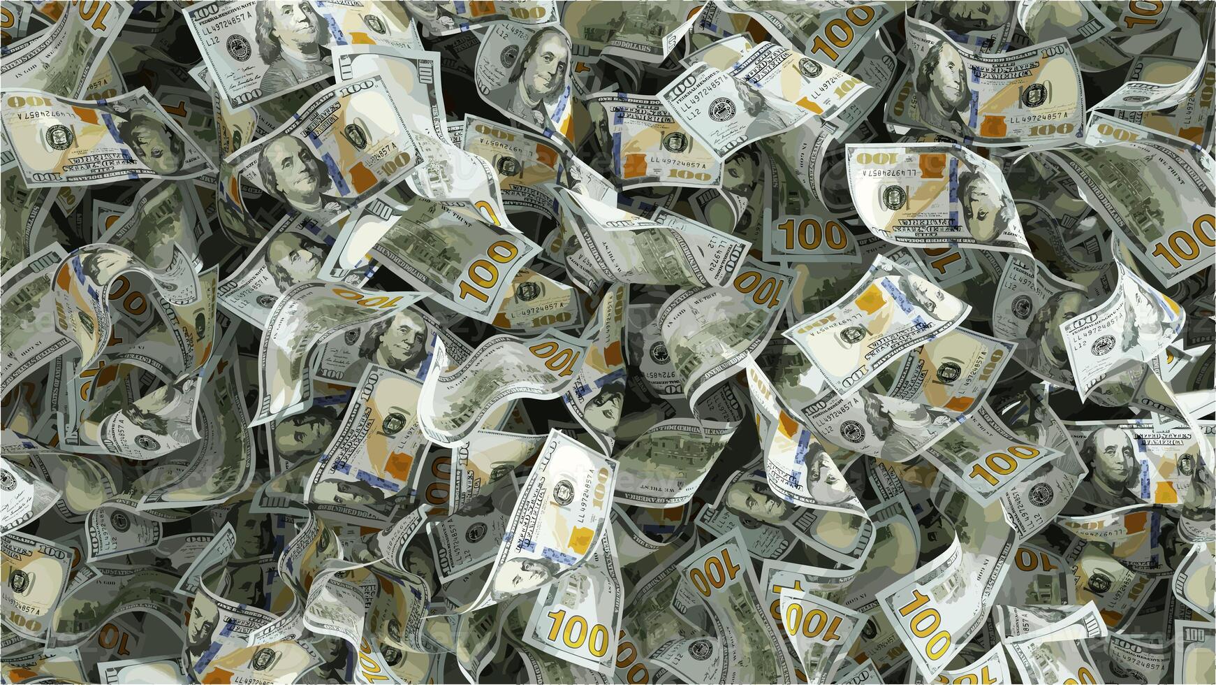 3D rendering of 100 US dollar notes spread on surface isolated on a white background photo
