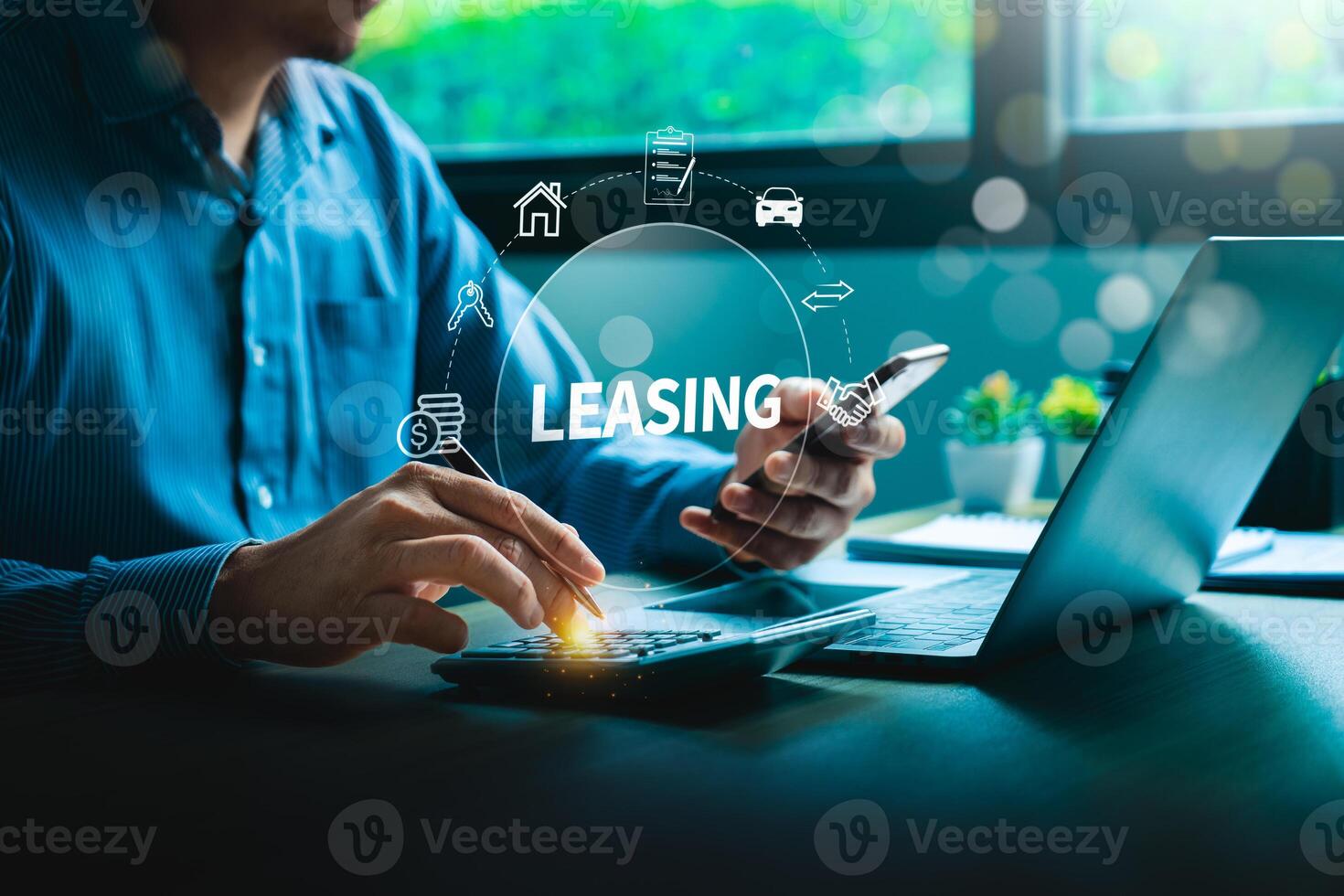 Businessman Using Phone and Calculator with Leasing Holographic Icons, Financial and Rental Management Concept, Property, Car, and Contract Management and Investment Planning, Financial Agreements photo