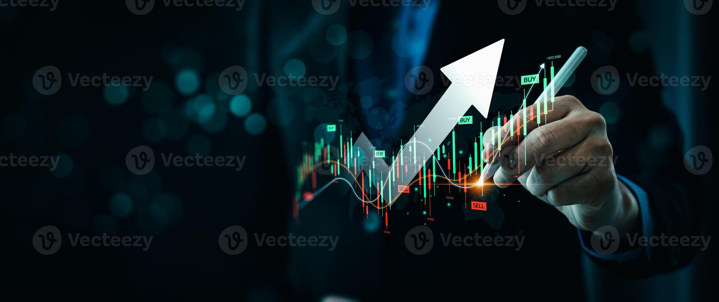Businessman Drawing Upward Arrow on Digital Stock Market Graph with Trading Data, Buy and Sell Indicators, Representing Financial Growth, Investment Success Foreign currency trading and Forex Trading photo