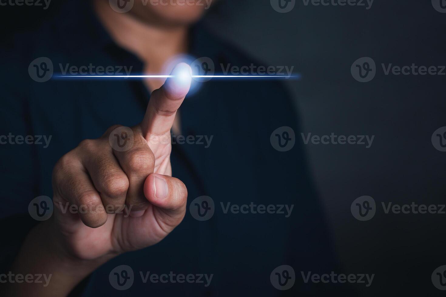 Businessman using finger touching on virtual screen. Futuristic business and IT presentation background. Space for text. Innovation technology computer and business concept photo