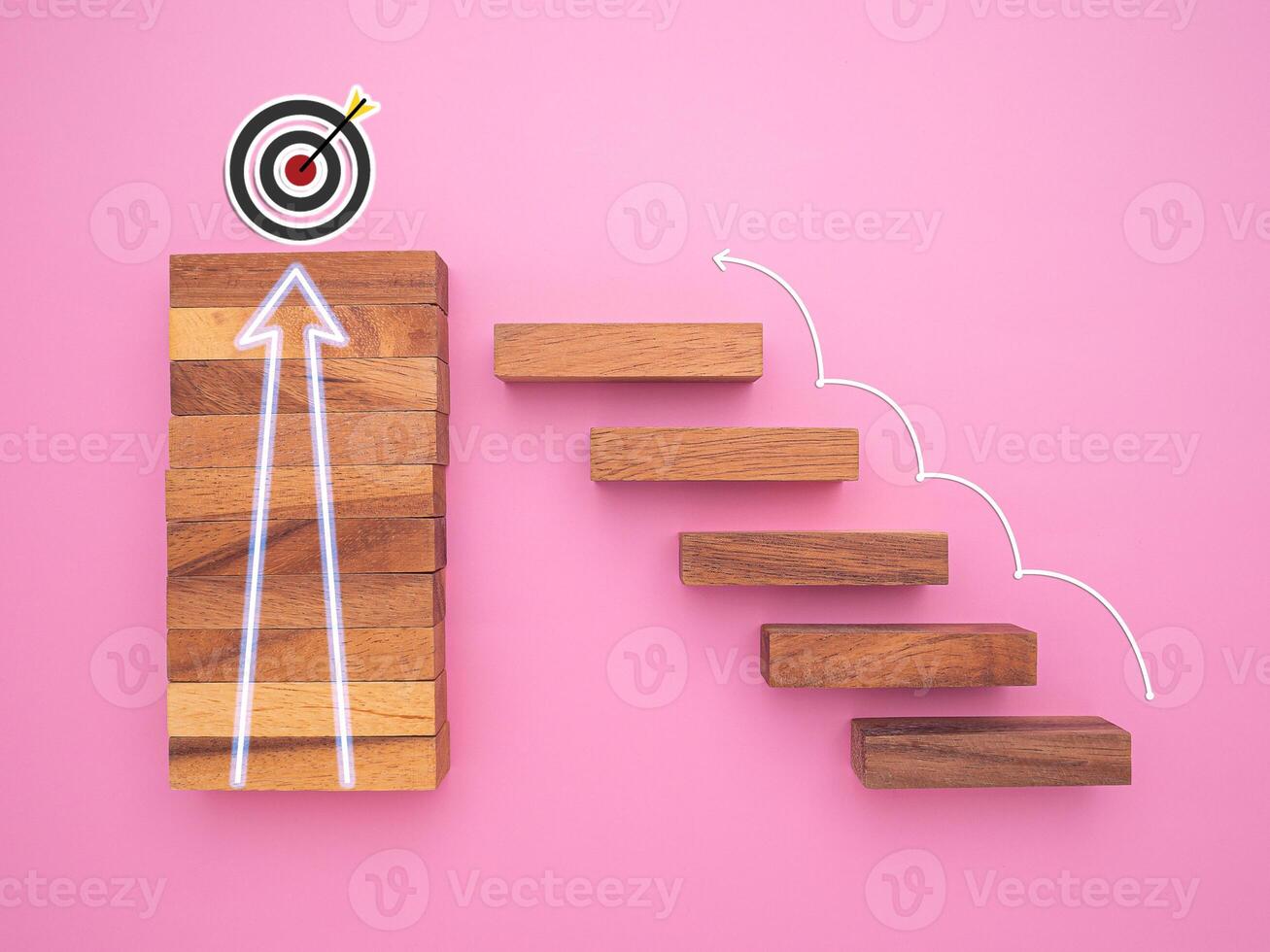 Business growth and investment concept. Wooden blocks stair with white line effect isolated on pink background for connecting to goal success photo
