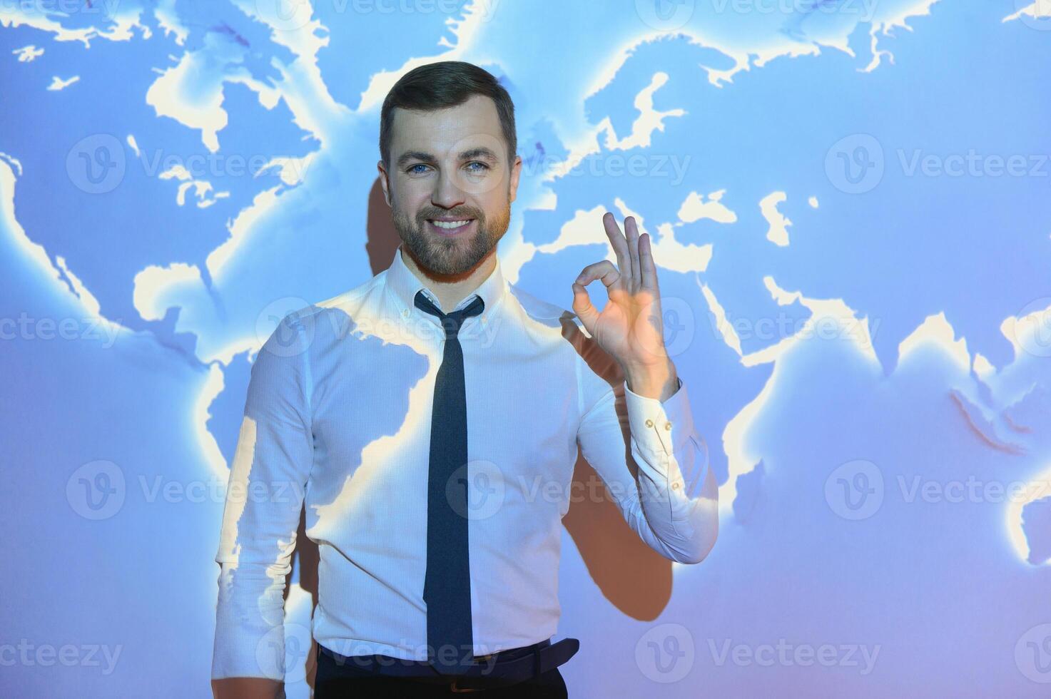 International business concept with businessman on background with network on map. photo