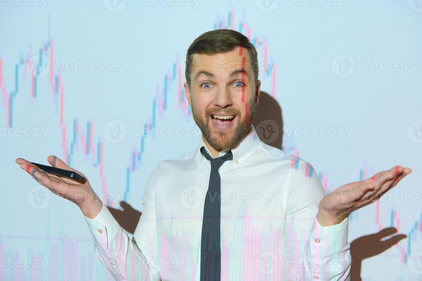 Stock Market Trader Working Investment Charts, Graphs, Ticker, Diagrams Projected on His Face. Financial Analyst and Digital Businessman Selling Shorts and Buying Longs photo