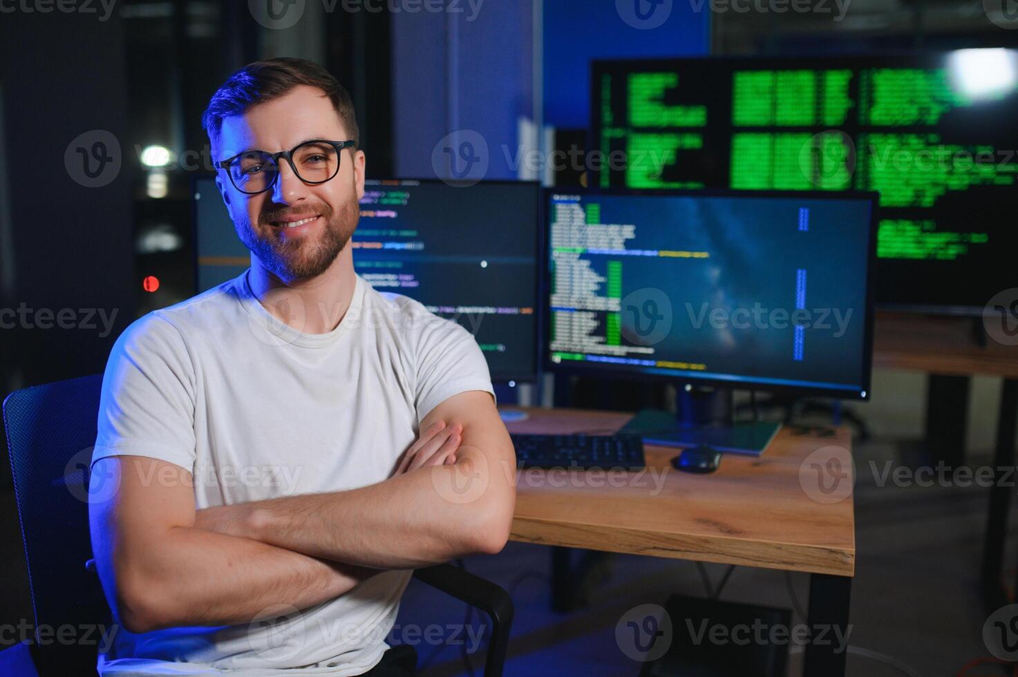IT technician person with technology for typing code, future and data analytics photo