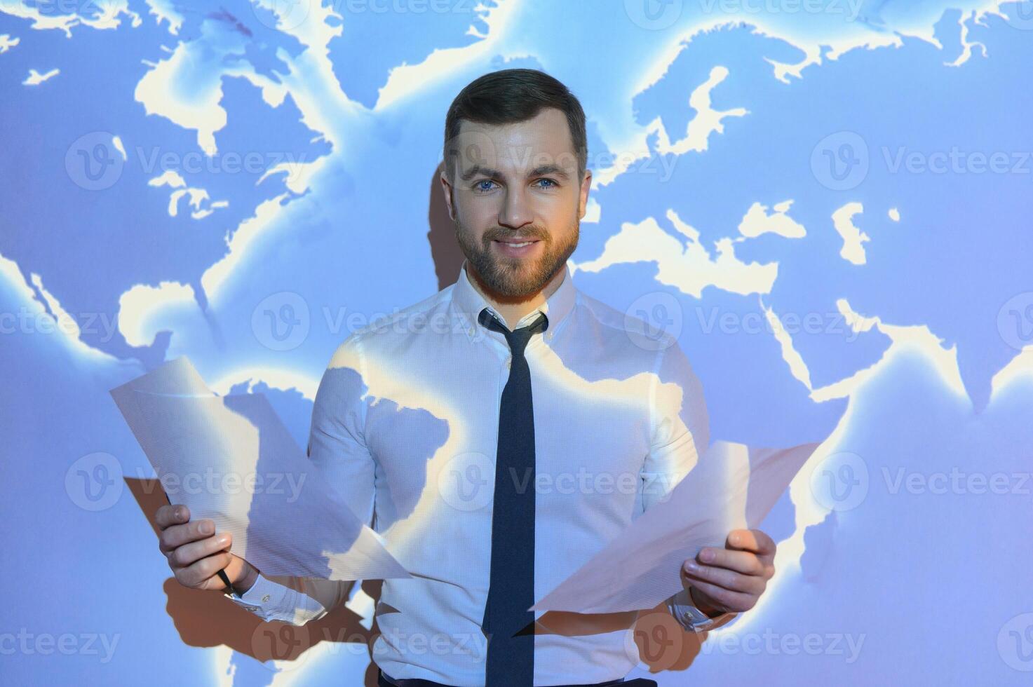 International business concept with businessman on background with network on map. photo