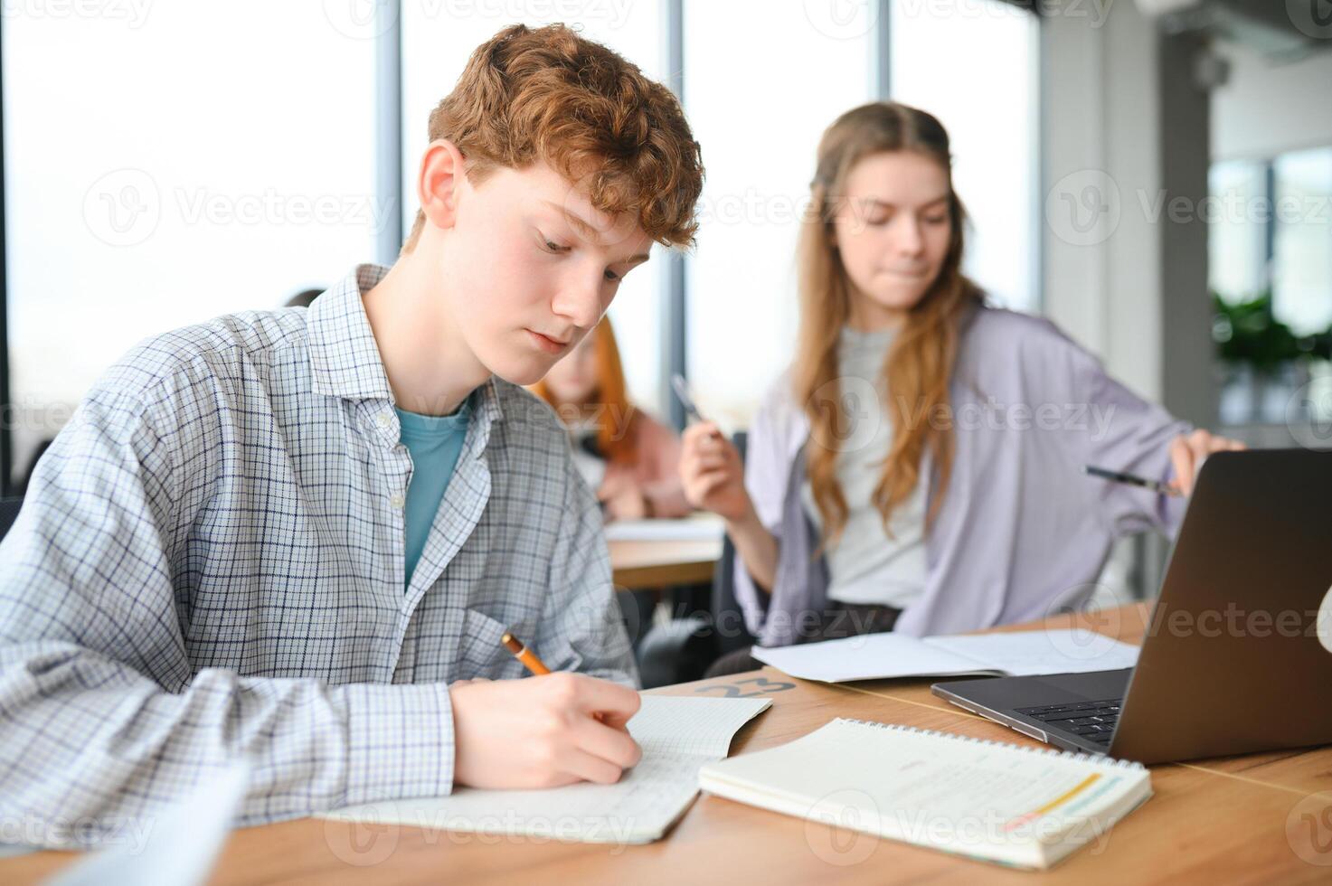 students sitting in a classroom, studying, discussing photo