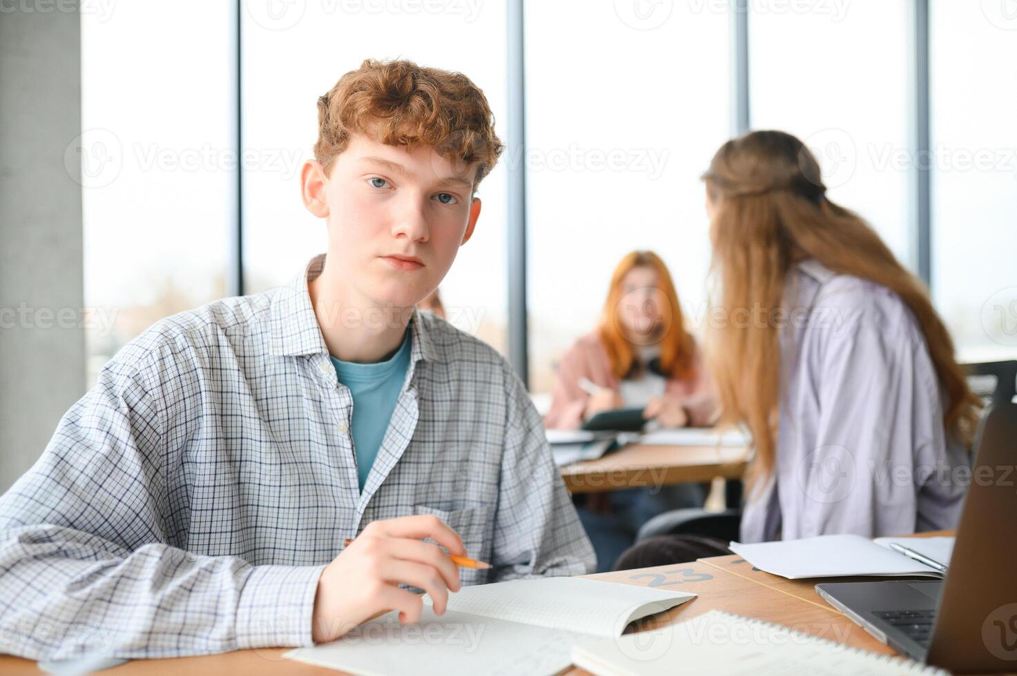 group of young college students in classroom photo