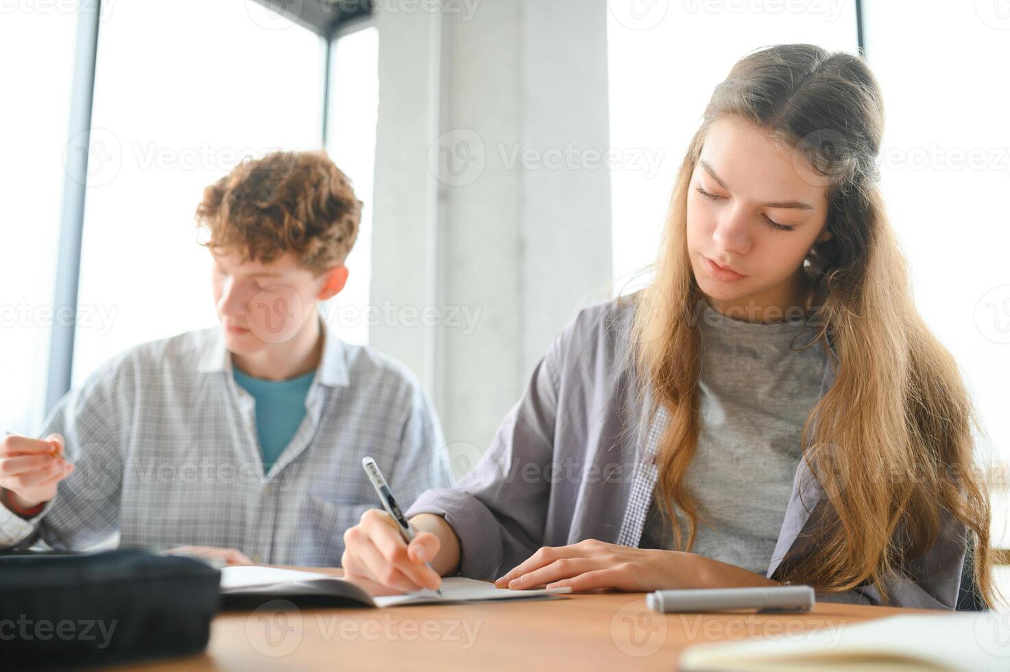 Group of college students doing homework photo