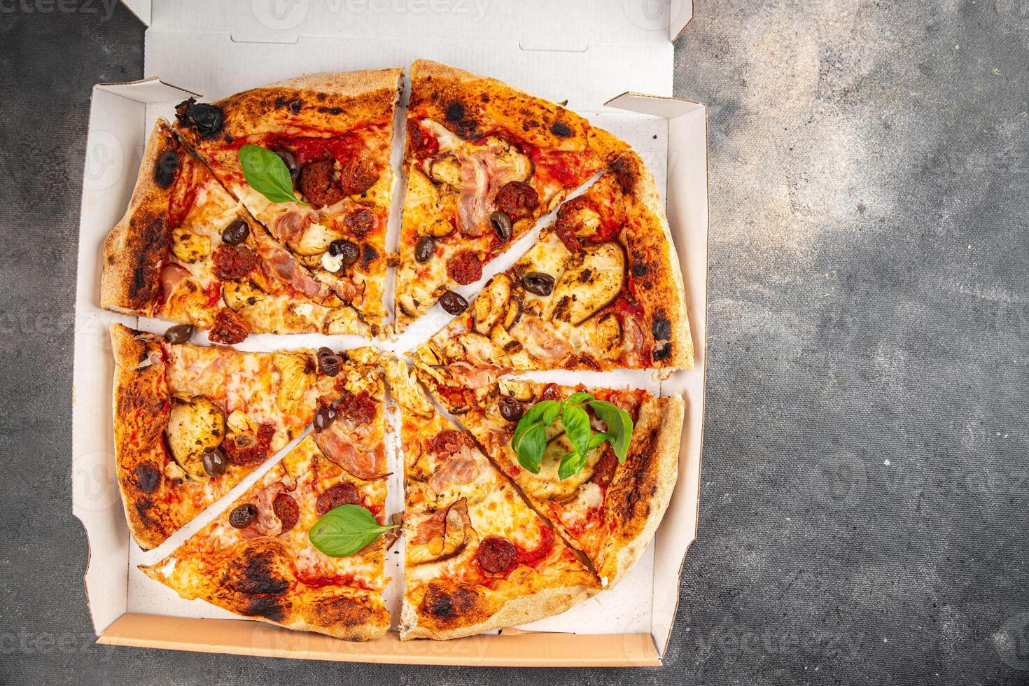 pizza chicken meat and olives, sausages, cheese, tomato sauce fresh meal food snack on the table photo