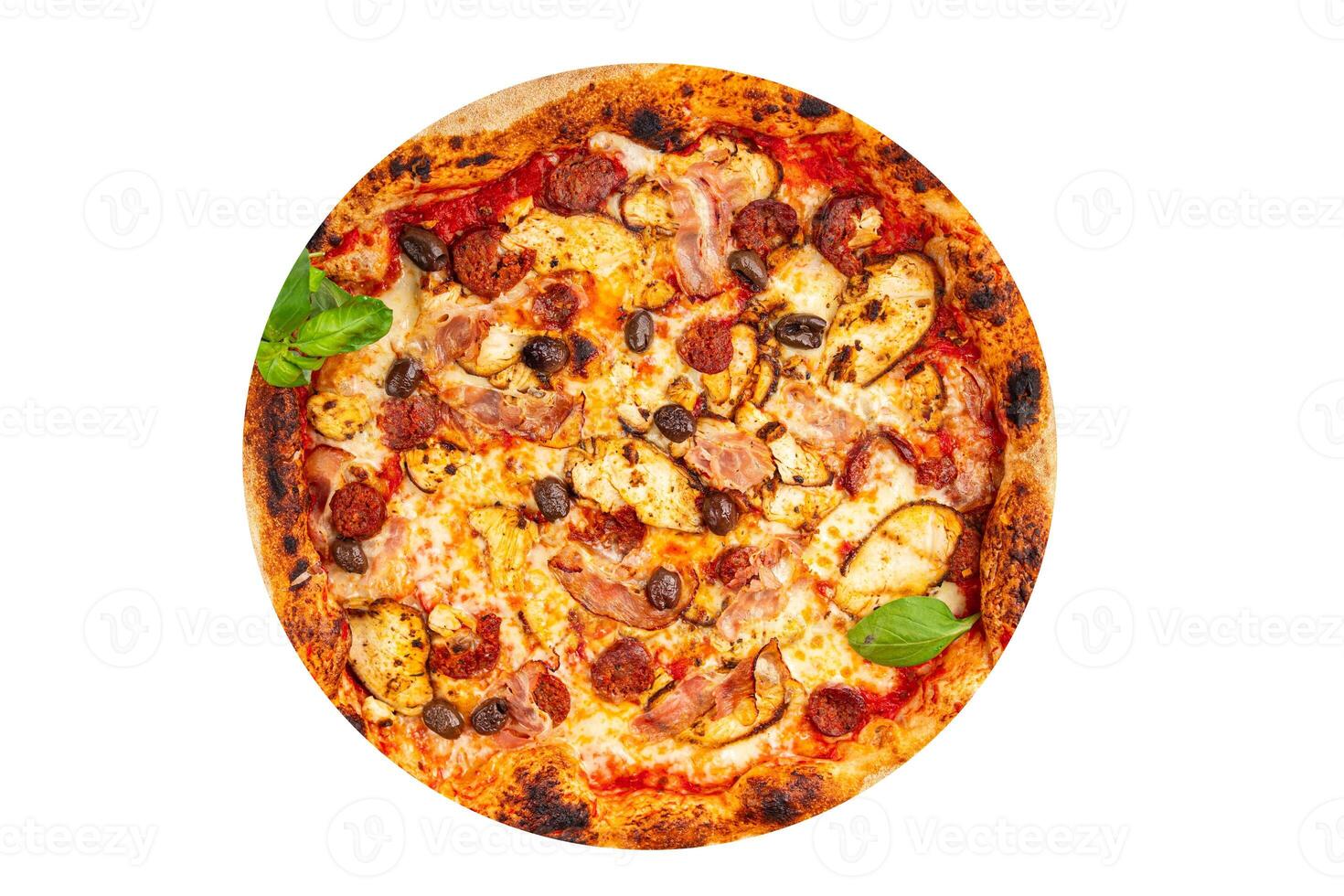 pizza chicken meat and olives, sausages, cheese, tomato sauce fresh meal food snack on the table photo