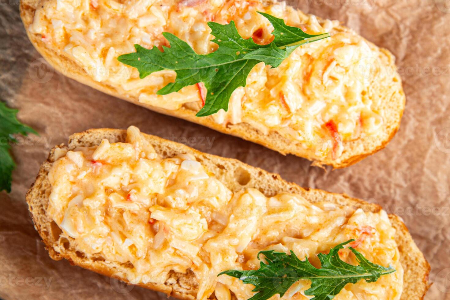 salad spread surimi and crab sticks, mayonnaise smorrebrod fresh meal food snack on the table copy space food background rustic top view photo