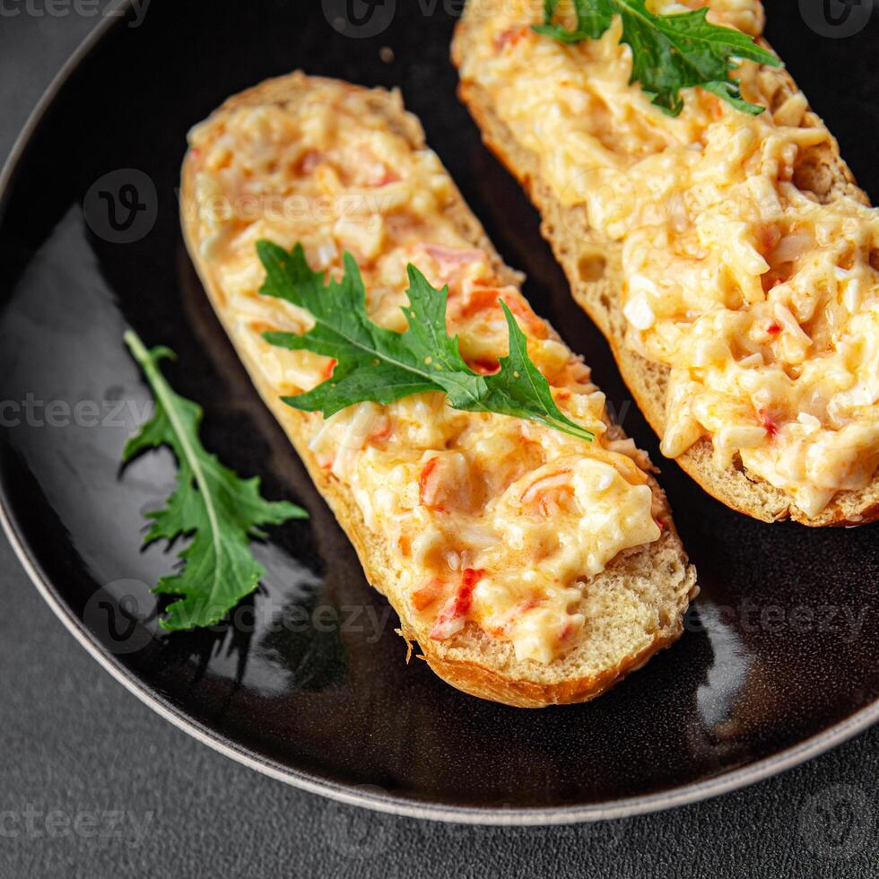 salad spread surimi and crab sticks, mayonnaise smorrebrod fresh meal food snack on the table copy space food background rustic top view photo