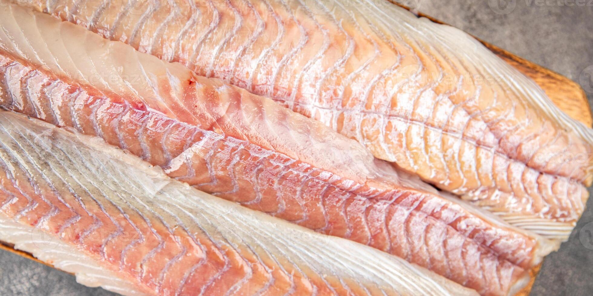 fish raw fillet white cod or halibut fresh food on the table copy space food background rustic top photo