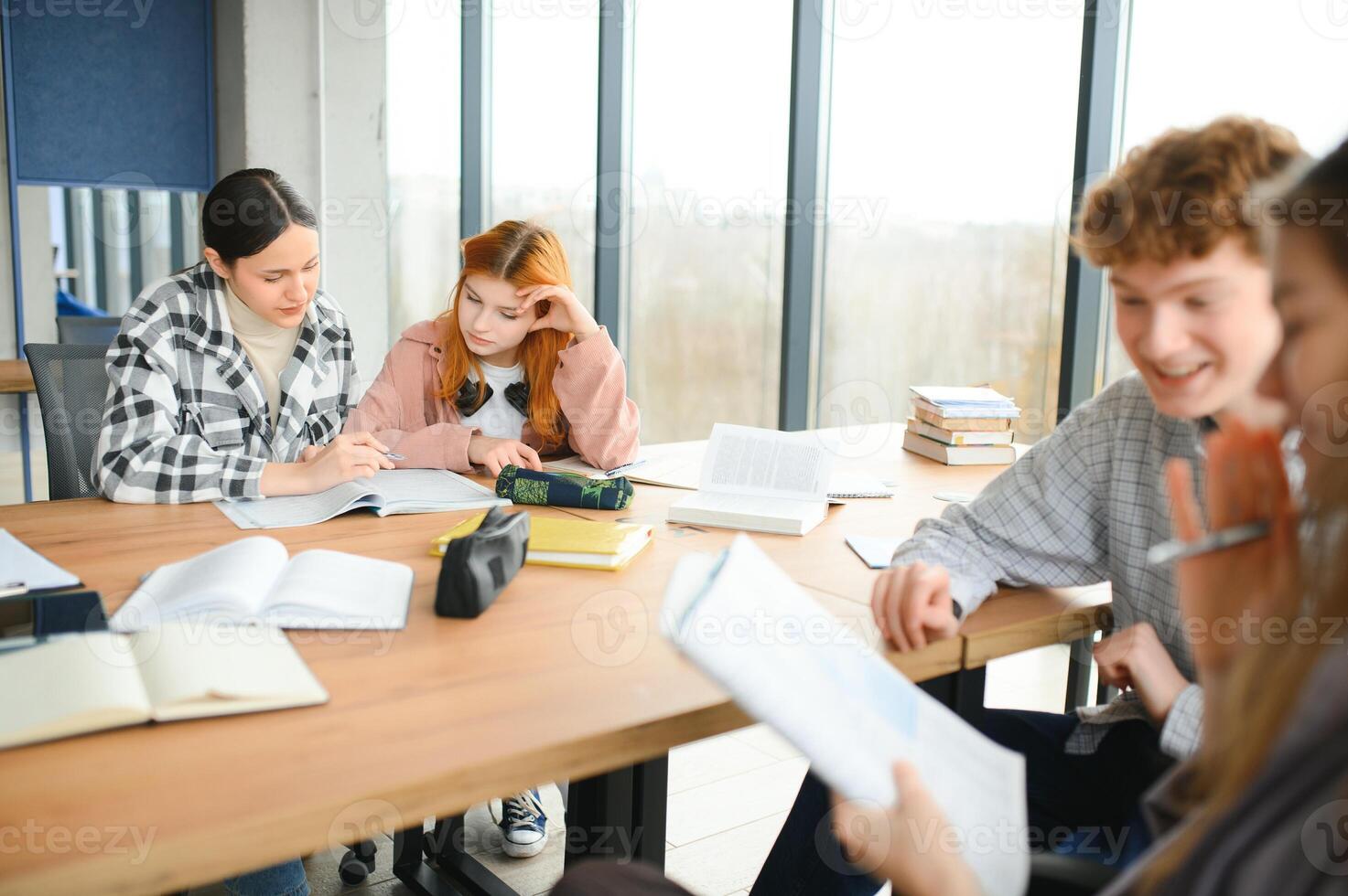 group of young college students in classroom photo