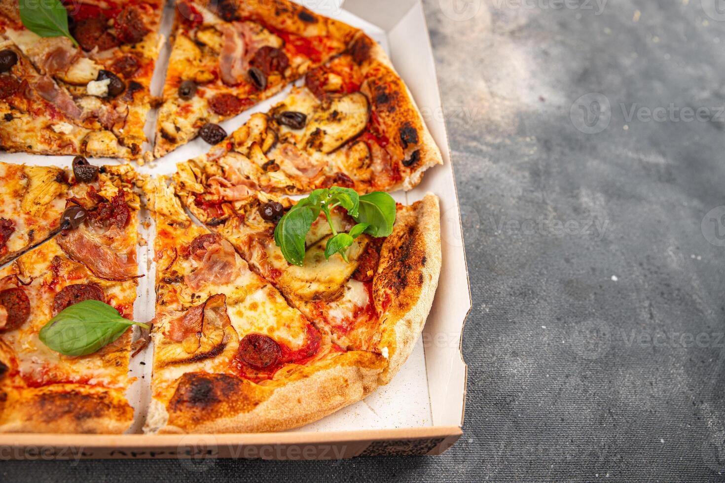 pizza chicken meat, sausages, olives, cheese, tomato saucefresh meal food snack on the table copy space food background photo