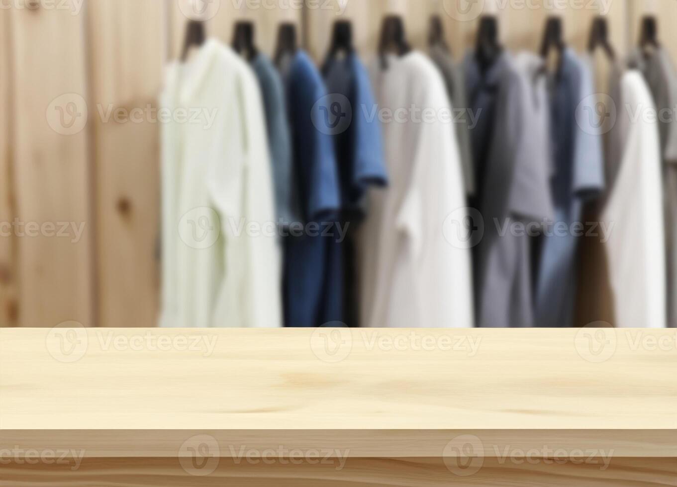 Wood table for display products on background of blurred laundry room photo