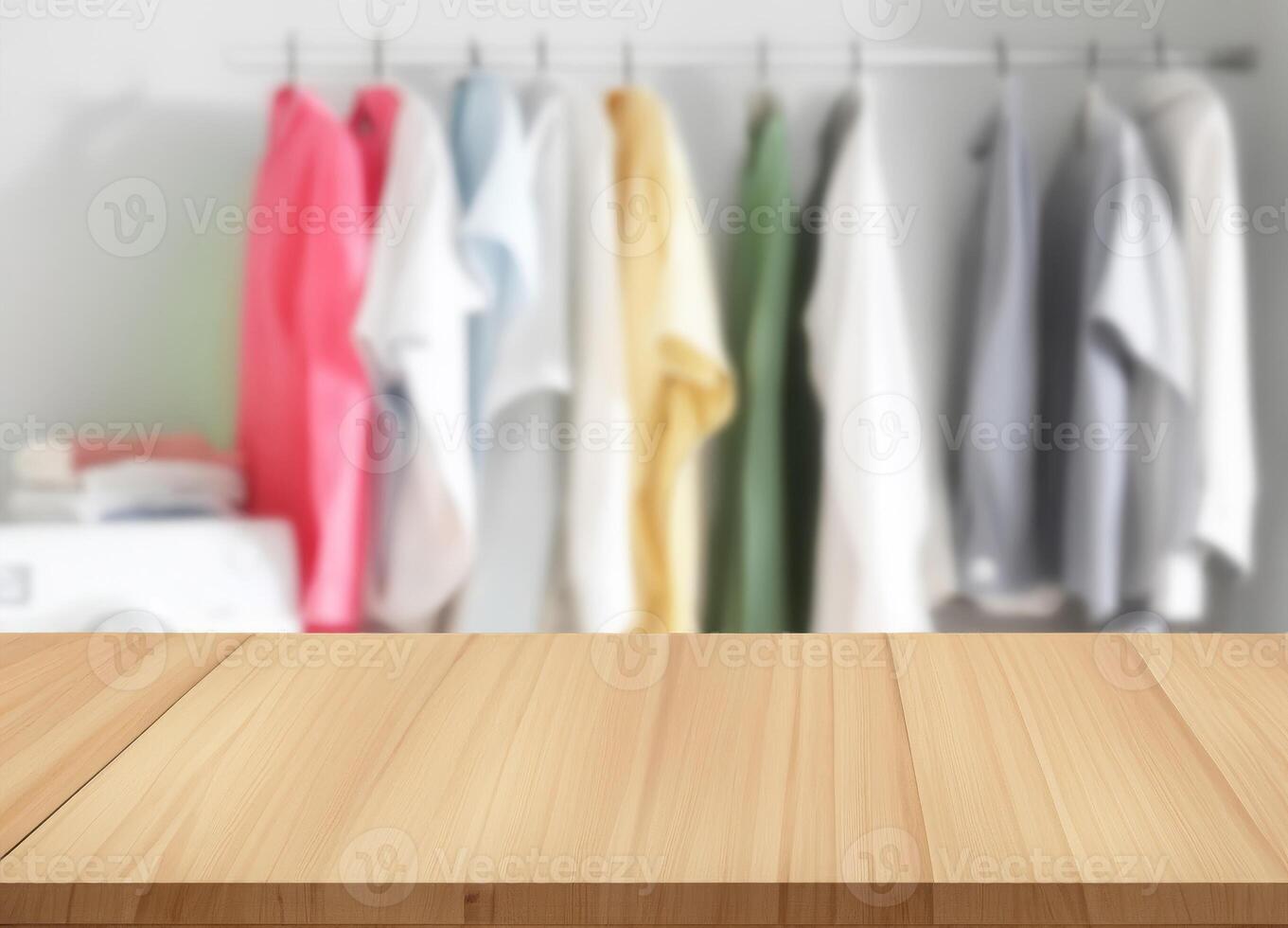 Wood table for display products on background of blurred laundry room photo