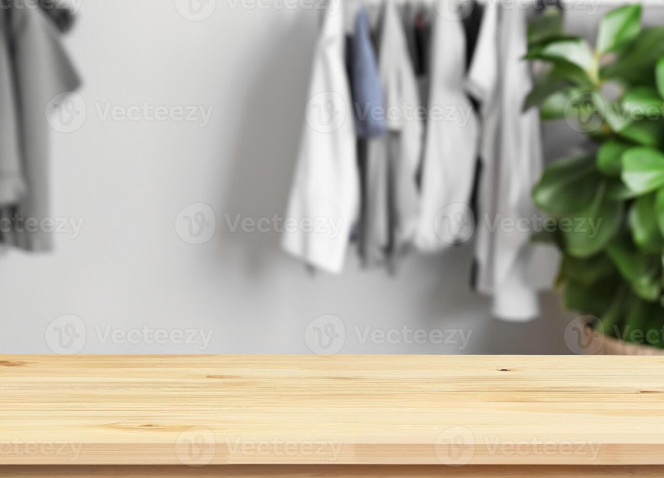 Wood table for display products on background of blurred laundry room photo