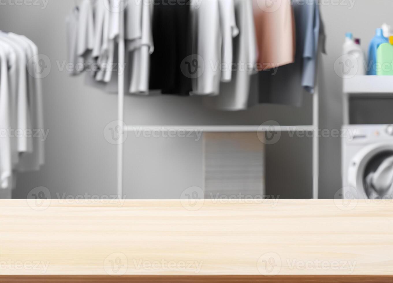 Wood table for display products on background of blurred laundry room photo