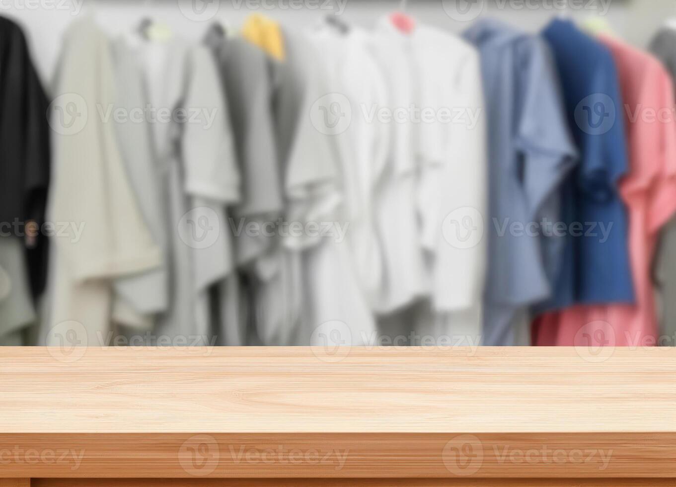 Wood table for display products on background of blurred laundry room photo