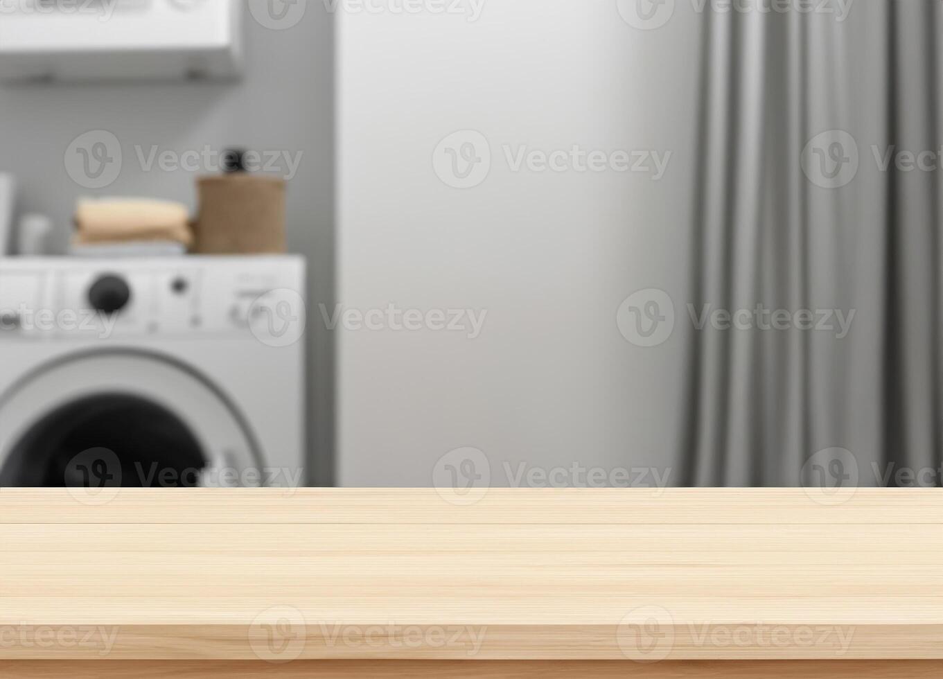 Wood table for display products on background of blurred laundry room photo