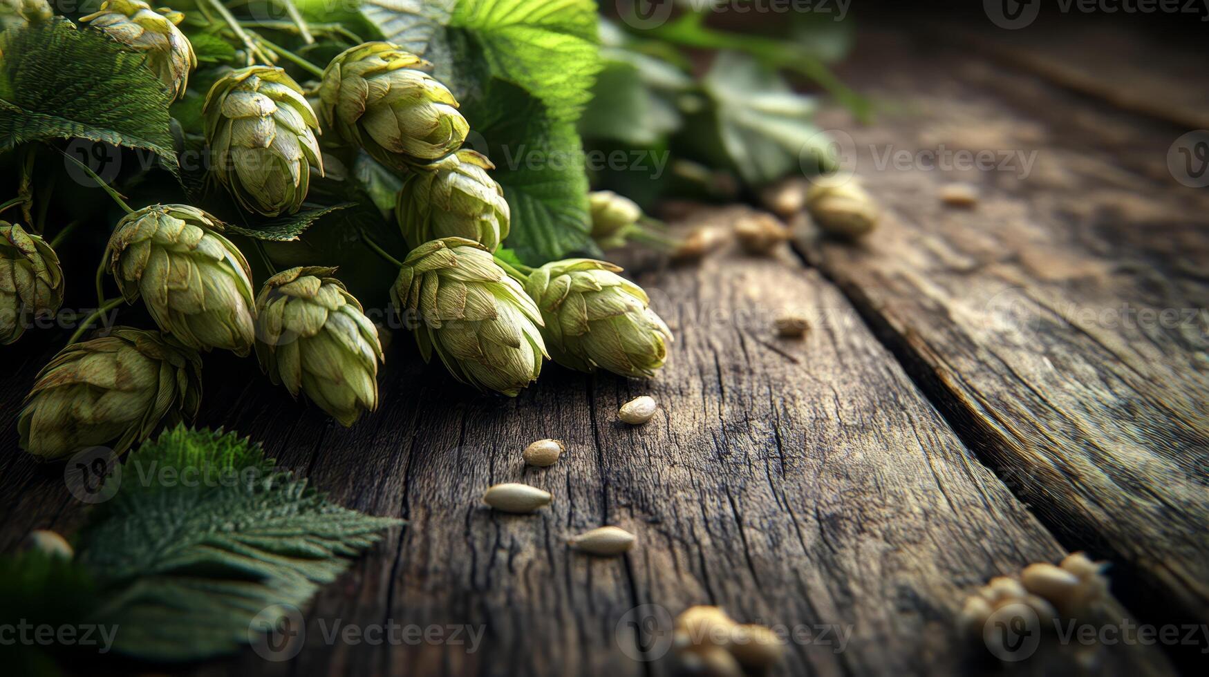 Fresh hops with green leaves on wooden table photo