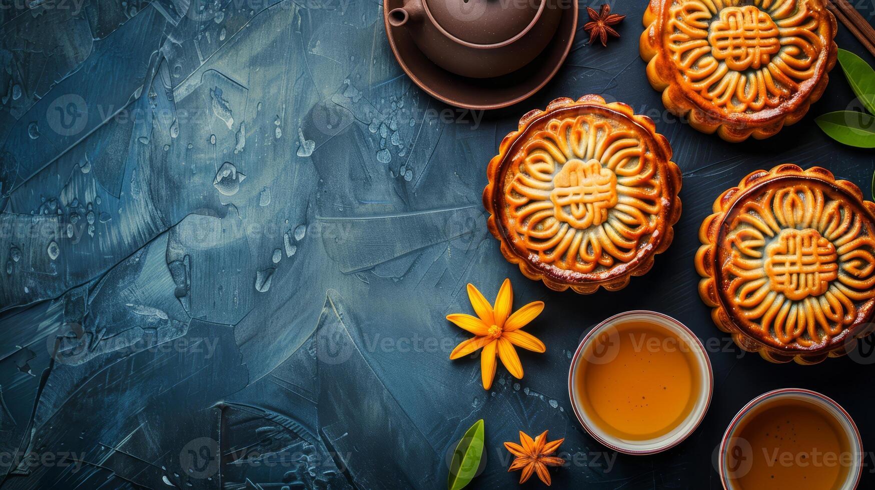 Traditional Asian mooncakes with tea and teapot photo