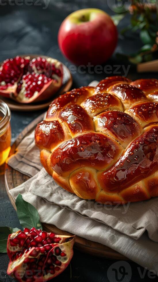 Top view of challah breads, apples, pomegranates photo