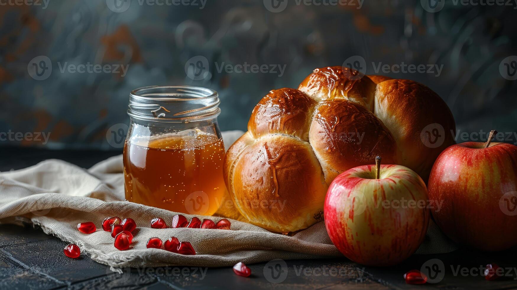 Rosh Hashanah still life with apples and honey photo