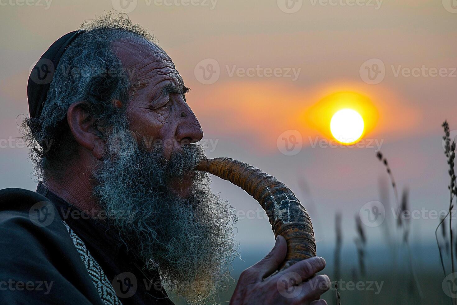 Shofar Blowing. A Jewish man wearing a traditional prayer shawl blows a ram's horn against a sunset sky. Generated by artificial intelligence photo