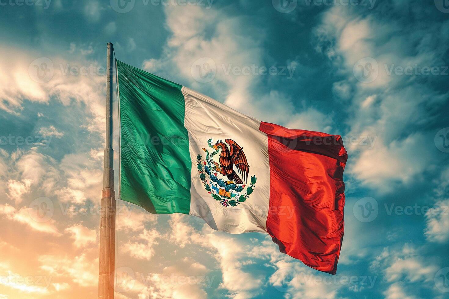 A large Mexican flag flutters in the sky at sunset. Independence Constitution Day. Generated by artificial intelligence photo