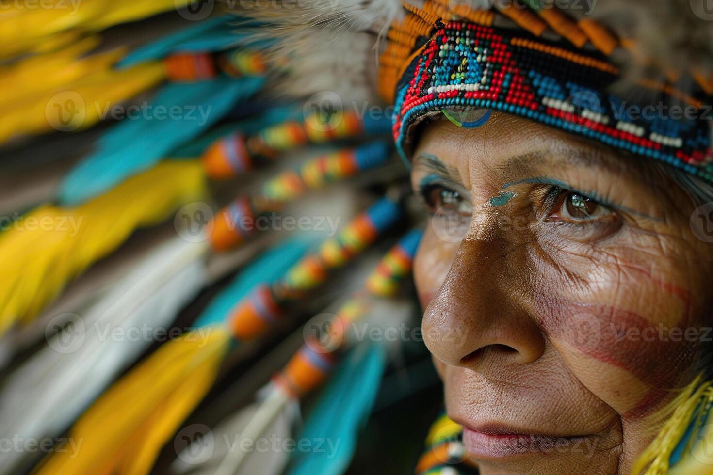 Portrait of an elderly woman of an Indian tribe in traditional clothing with feathers. Generated by artificial intelligence photo
