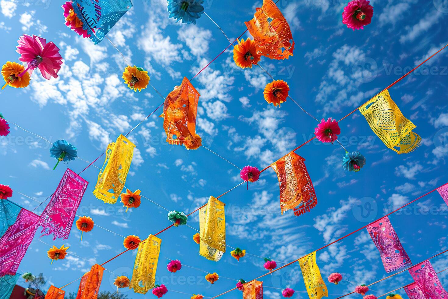 Multicolored garlands hang on the street of the city against the blue sky. Mexican festival concept. Latin culture and traditions. Generated by artificial intelligence photo