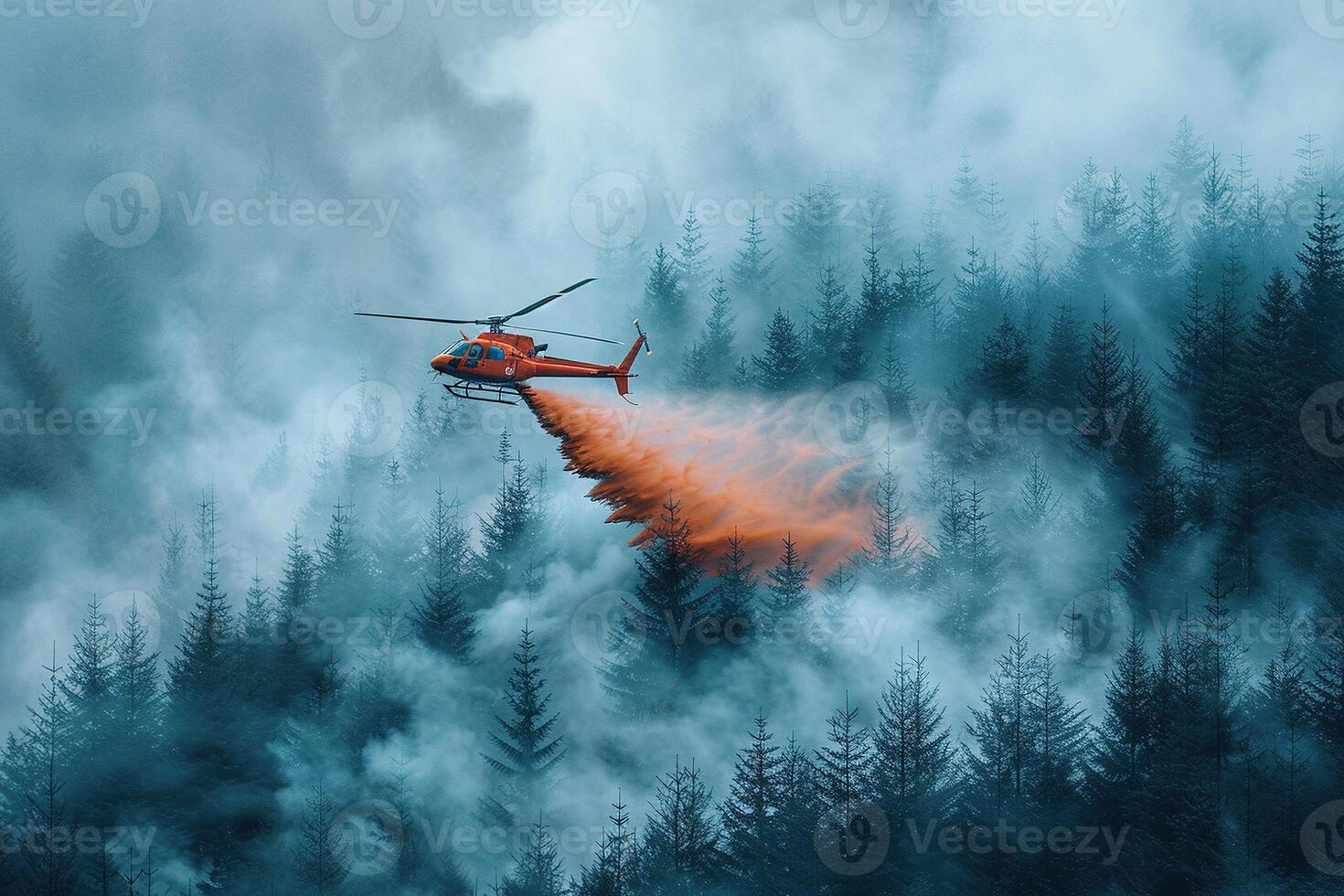 Fire fighting helicopter dropping water onto wildfire because climate change and global warming is a driver of global wildfire trends. photo
