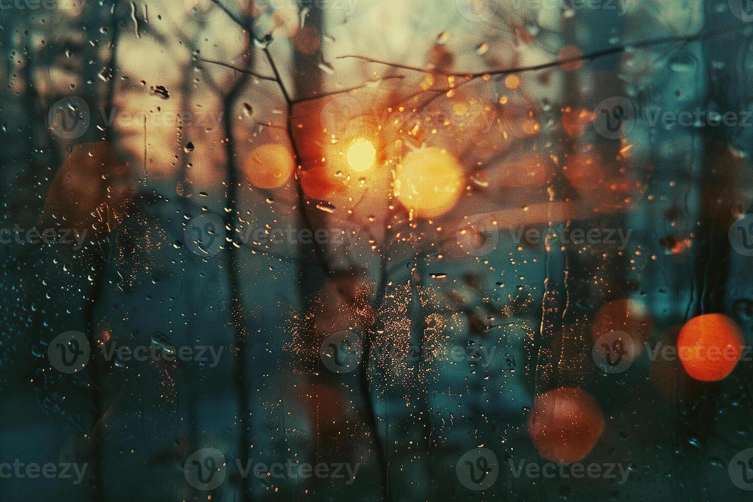 Sun glare on wet, foggy glass in autumn. Generated by artificial intelligence photo