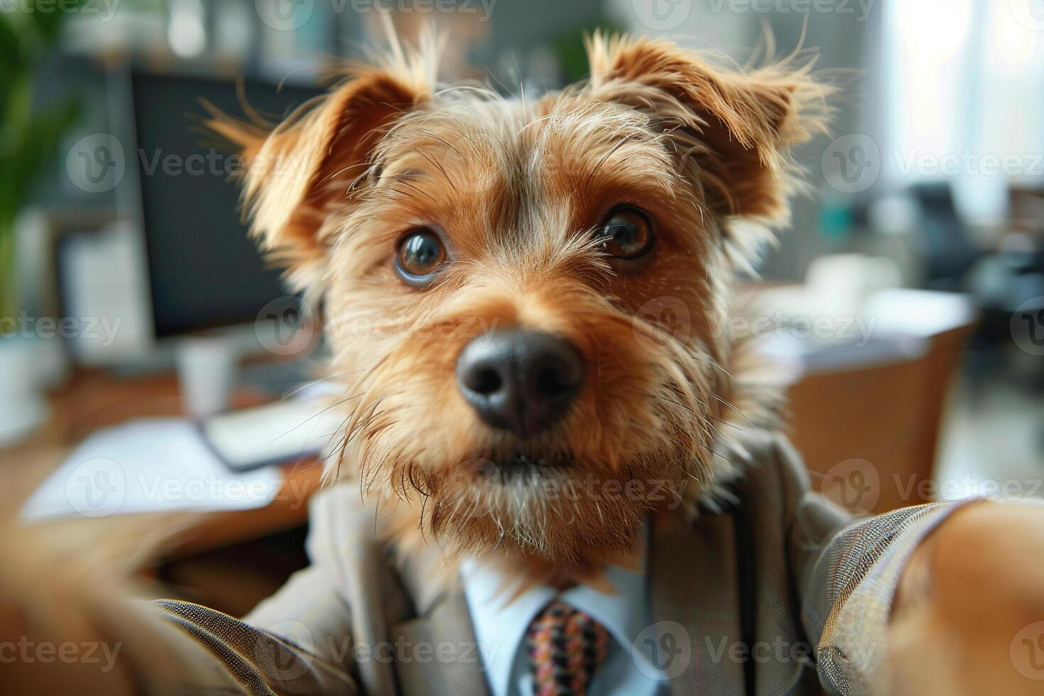 Dog boss in a business suit takes a selfie in the office. photo