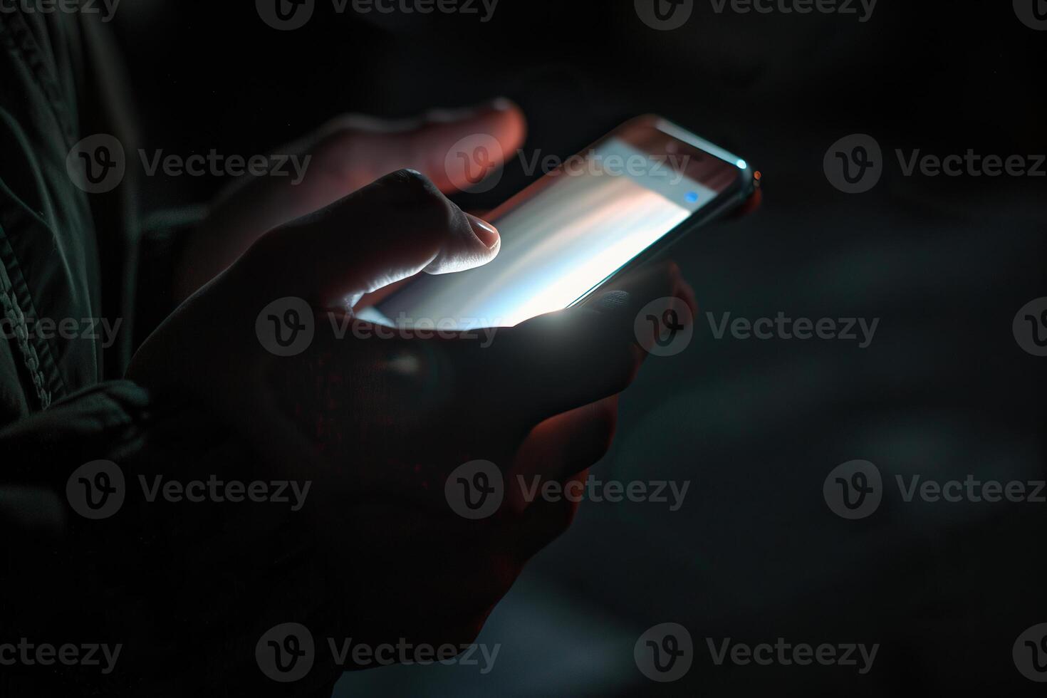 Bright light from a smartphone in a man's hands in the dark. Generated by artificial intelligence photo